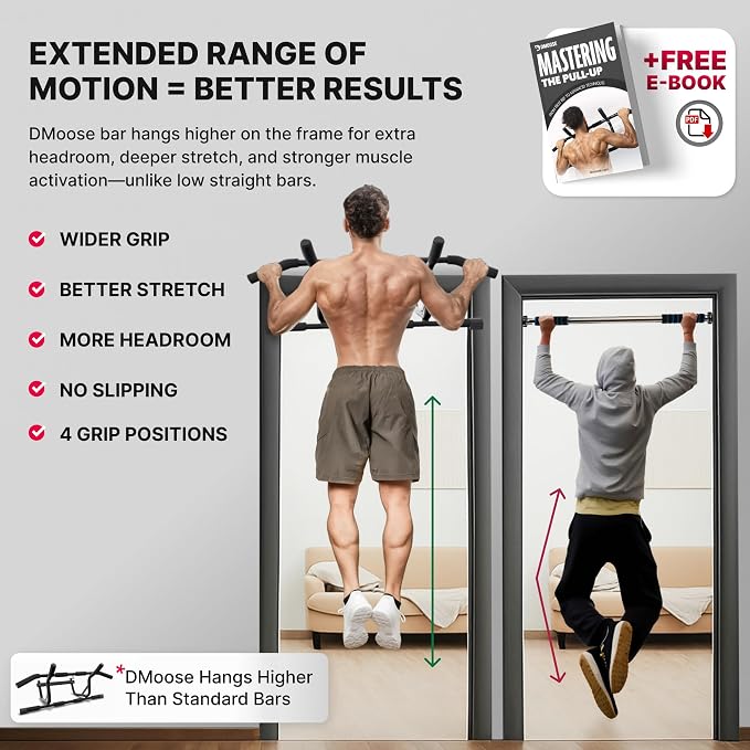 DMoose Fitness Pull Up Bar for Doorway - Upto 250 Lbs Capacity, No Screwing or Slipping, Hanging Pullup & Chin Up Bar for Door Frame - Multi Padded Grips for Strength Training with Installation Guide