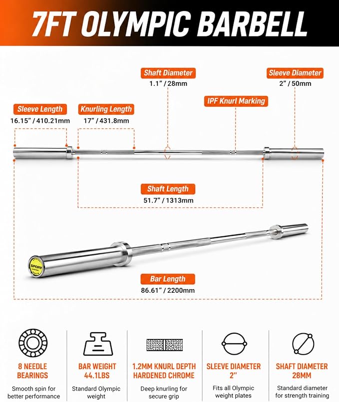 7ft Olympic Barbell 20kg/44Lbs, 1000LB/1500LB Weight Capacity, 190K PSI High Tensile Strength Weightlifting Bar with 2-Inch Sleeves & 8 Needle Bearings for Home Gym Strength Training