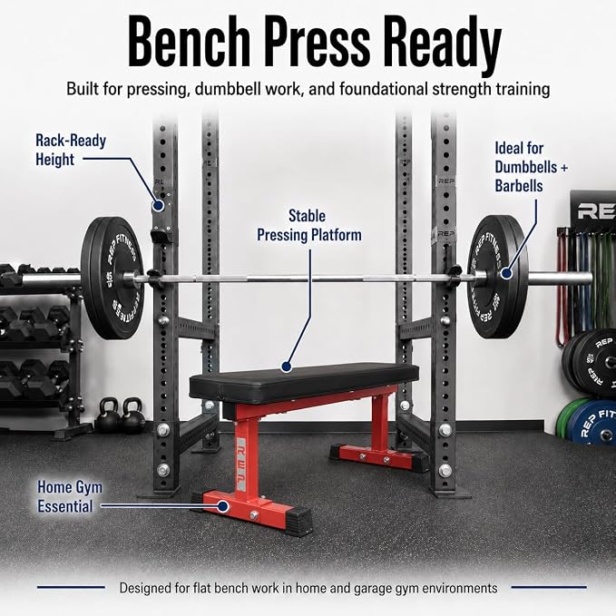 REP Fitness Flat Weight Bench, Heavy Duty Workout Bench For Home Gym, Folding Fitness Equipment For Strength Training, Adjustable Utility Platform For Dumbbells, Barbell, Lifting And Core Exercises
