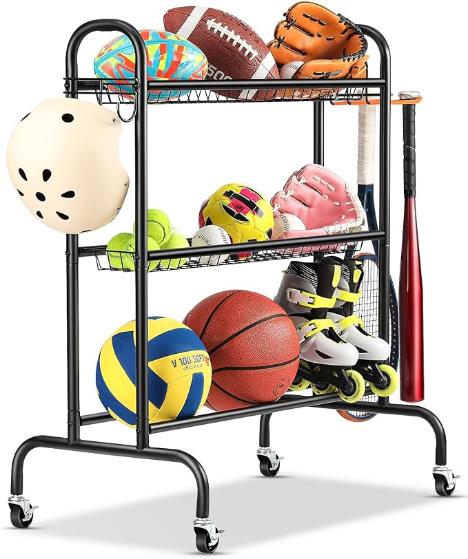 EXTCCT Basketball Rack, Rolling Basketball Shooting Training Stand,Sports Equipment Storage with Wheels, Four-Layer Organizer Holder with Two Basket for Basketballs Footballs Volleyball
