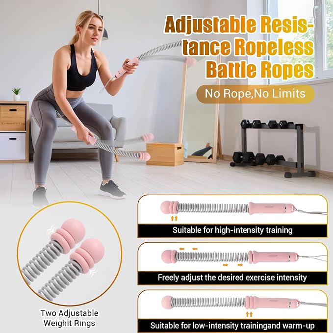 Portable Ropeless Battle Ropes, Adjustable Weights Cordless Battle Ropes for Home Gym with Storage Bag, Weighted Exercise Equipment for Low-Impact Workout, Strength & HIIT, for Men & Women
