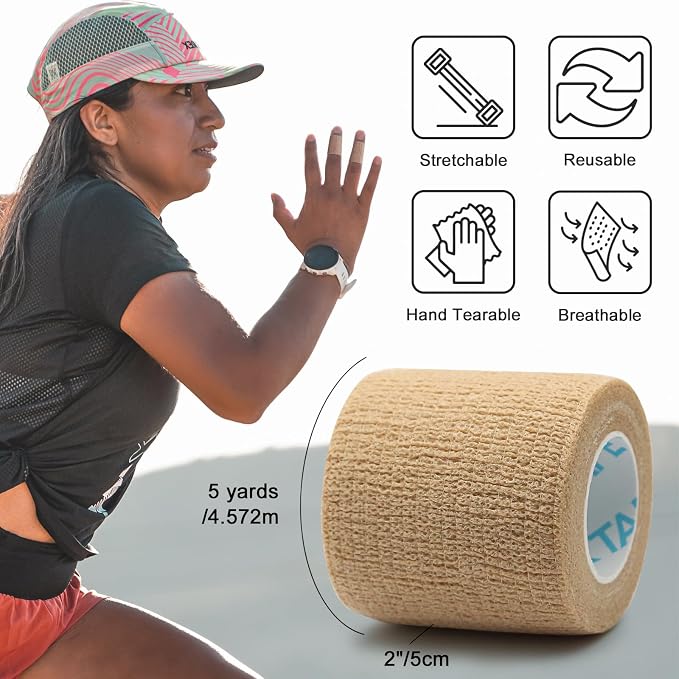 OK TAPE Self Adherent Cohesive Bandages Wrap 24Packs 2" x 5 Yards | Non-Woven Self Adhesive Athletic Sports Wrap Tape Vet Wrap Bandages Tape for Thumb Finger Wrist Ankle (Beige)