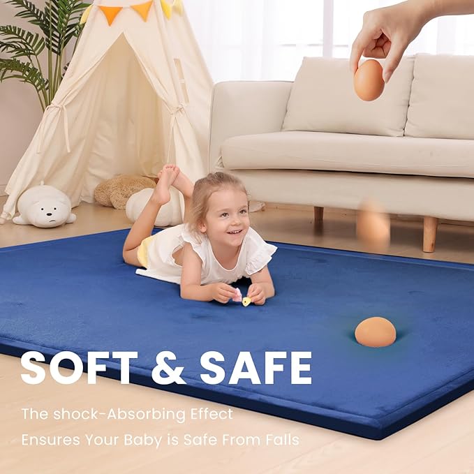 Baby Play Mat for Floor,1.3" Thick Memory Foam Tummy Time Mat,Water Repellent Soft Velvet Nursery Rug,Extra Large Non Slip for Crawling,Toddlers,Infants,Kids,Tatami Style for Living Room(Dark Blue)