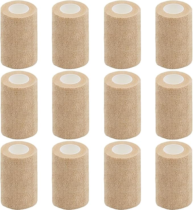 Self Adhesive Bandage Wrap, 3 Inches, 12 Pack | Beige Elastic Cohesive Bandage for Sports,Wrist,Ankle,Vet Wrap,Grip Tape
