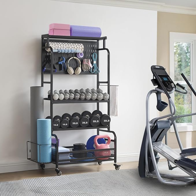 Lauren&Harold 56'' Taller Home Gym Storage Organizer with Hanging Board | Yoga Mat Storage Rack Exercise Workout Equipment Storage Stand with Hooks , Dumbbell Holder Kettlebell Rack with Wheels/Feets