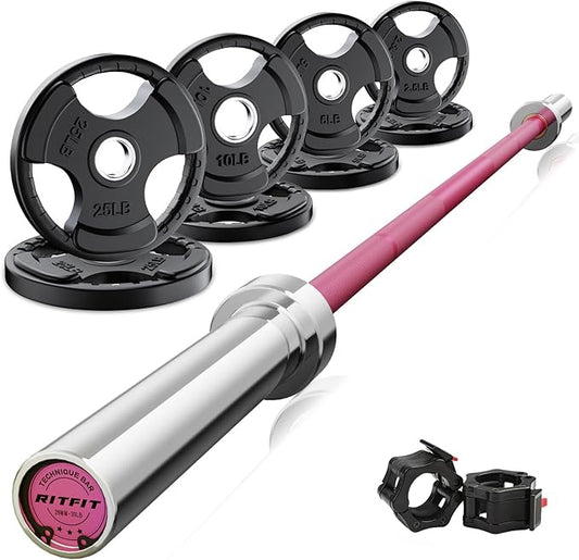 RitFit Barbell Weight Set - 4/6FT Olympic Barbell with Weight Plates (55-115LB Total) - Weightlifting Equipment for Squats, Curls, Deadlifts, Presses, Hip Thrusts