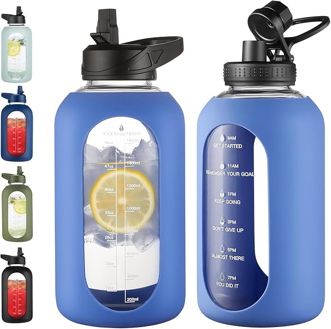 EALGRO 64 oz Glass Water Bottle with Straw, Large Half Gallon Water Jug | Sports Motivational Water Bottle with Time Marker and Silicone Sleeve, Flask Cup with Handle for Travel, School, Blue