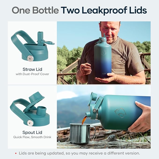 BUZIO 1 Gallon Water Jug with Straw Lid, 128oz Water Bottle Stainless Steel Triple Wall Hydro Jug 18/8 Food Grade Thermo Mug Keep Cold 48H & Hot 24H, Gradient Cyan