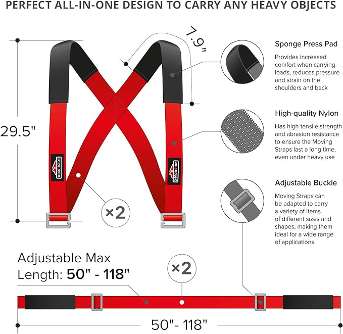 X-Protector Moving Straps - 2 Pairs - Red Lifting Straps for 2 Movers | Move Furniture Easily and Safely - Perfect for Lifting and Moving Heavy Objects! (Standard, Red)