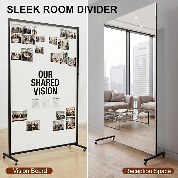 68"x24" Rolling Full Length Mirror & Magnetic Whiteboard, 2-in-1 Reversible Standing Mirror with Shatterproof Tempered Glass, Space-Saving Dry Erase Board on Wheels for Home Office & Bedroom