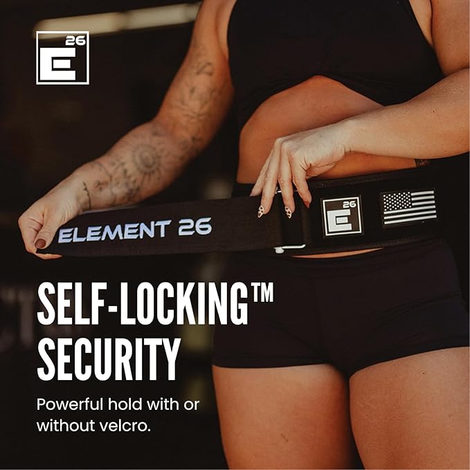 Element 26 Self-Locking Weight Lifting Belt | 4” Back Support for Gym, Powerlifting, Body Building, Cross Training, Men, Women, Deadlift, Squat, Quick Locking, Competition