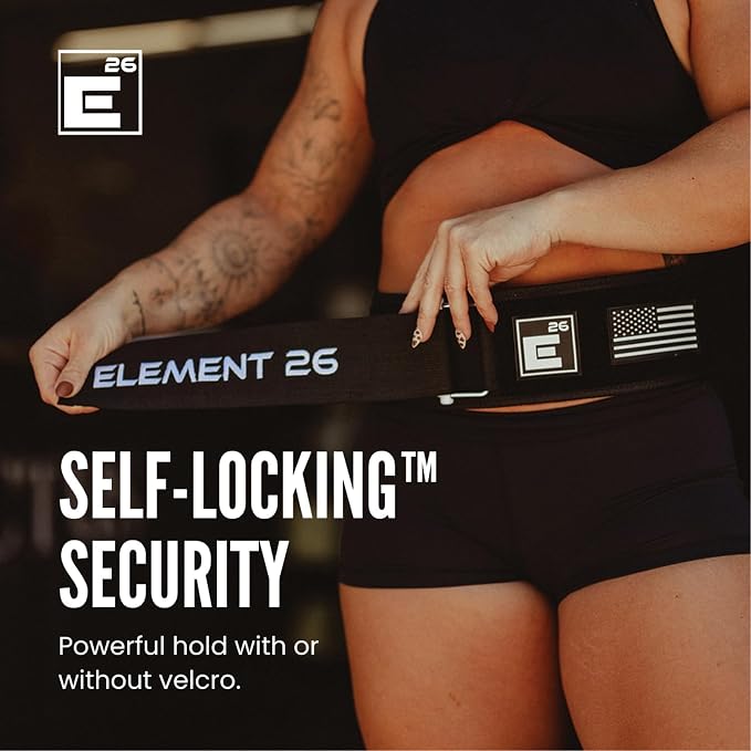 Element 26 Self-Locking Weight Lifting Belt | 4” Back Support for Gym, Powerlifting, Body Building, Cross Training, Men, Women, Deadlift, Squat, Quick Locking, Competition