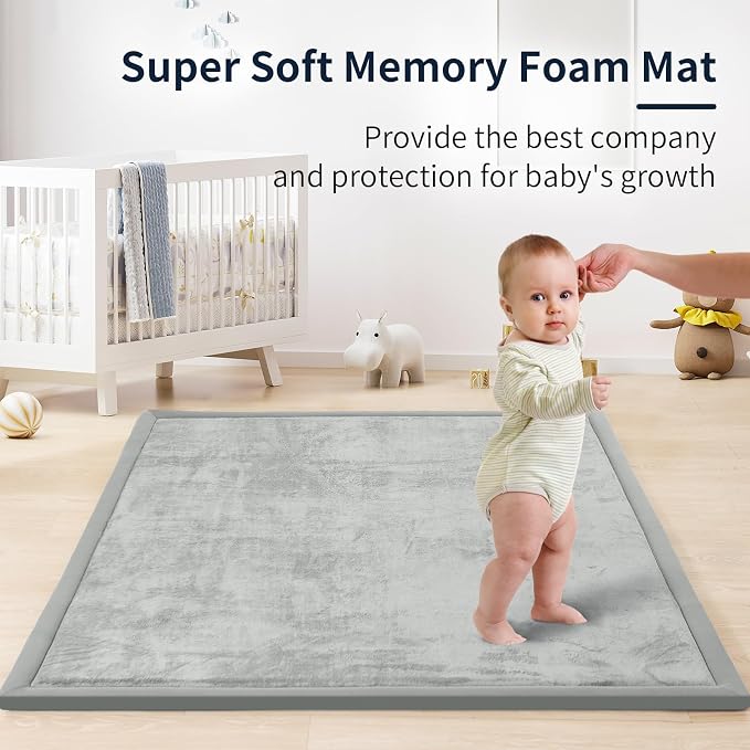 ACOMOPACK 1.3" Thick Baby Play Mat for Floor,50x50 Elasti-Foam Playpen Mat for Kids,Infants,Toddlers, Ultra Soft Crawling Mat with Non-Slip Bottom,Tummy Time,Nursery Rug,Yoga,Tatami（Light Grey）