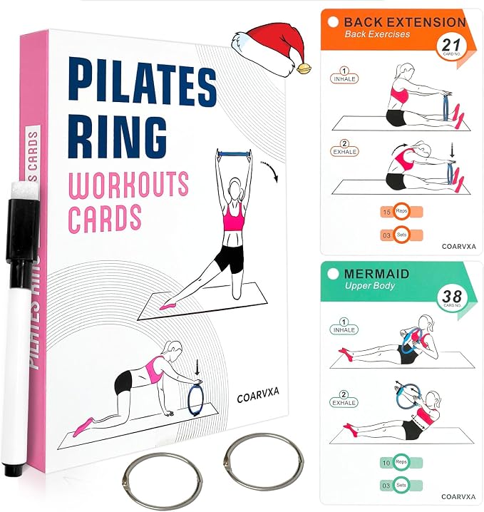 Pilates Ring Workouts for Women-58 Exercise Cards with Pilates Mat Workout Postures，ncludes 4-Week Challenge,2 Rings& Dry-Erase for Easy Organization-Home, Gym or Studio