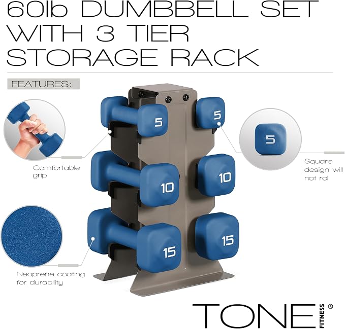 Tone Fitness Neoprene Dumbbell Set with Storage Rack – Non-Slip, Anti-Roll Hand Weights for Home Gym Workouts | 20 lb, 32 lb, 50 lb, 60 lb & 100 lb Options