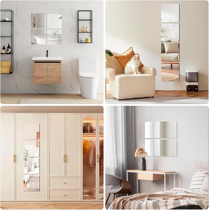 4 Pack Acrylic Mirrors Sheets Self Adhesive 8 x 8 Inch Wall Mirror Tiles | Flexible Mirror Stickers Shatterproof Full Length Mirrors for Home Bathroom Bedroom Gym Door Wardrobe Use