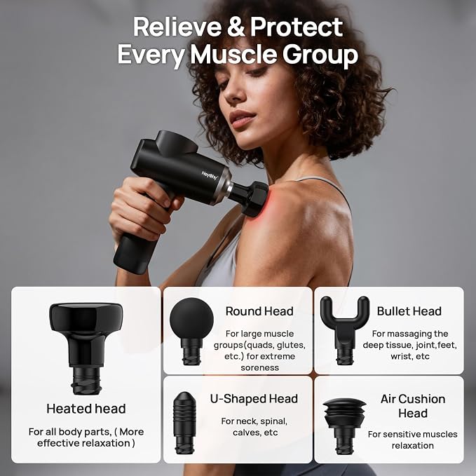 HEYCHY Percussion Massage Gun Deep Tissue with Heat, FSA Eligible, 12mm Amplitude Massager for Back Neck Relief, Quite for Home Gym Use, Athletes, Men Women, HSA Eligible