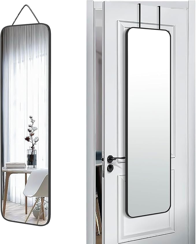 SCWF-GZ 47x14 Mirror Full Body Length Door Hanging/Rope Hang/Wall Mounted Metal Frame Rectangle Mirrors for Bedroom Bathroom Dressing Living Room 47 inch Black