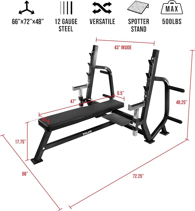 Valor Fitness Olympic Weight Bench Press Station | Spotter Arms, Adjustable Safety Catch, Max 500 lbs, Plate Storage Pegs, Home Gym Equipment