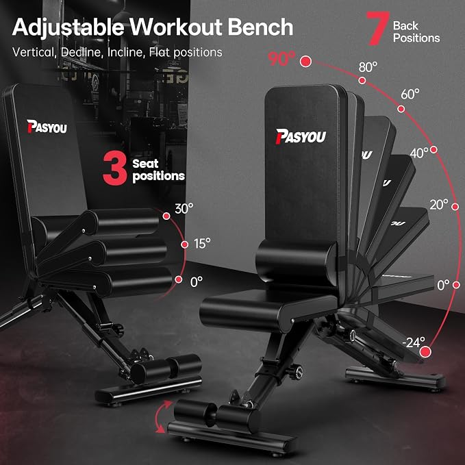 PASYOU Adjustable Weight Bench, 660LB Foldable Workout Bench for Home Gym, Incline Flat Bench Press for Full Body Workout, Dual-Frame Strength Training Bench, No Assembly Required