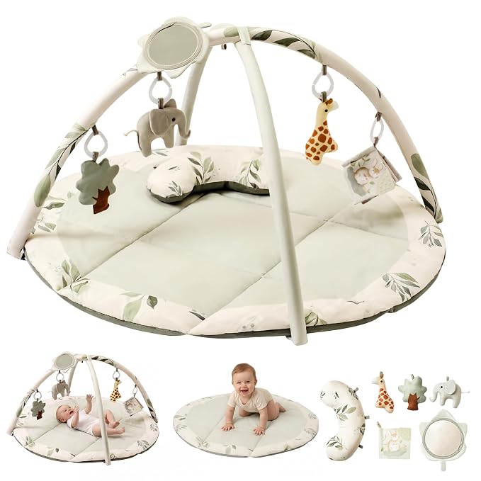Baby Play Gym & Mat, Tummy Time Mat for Babies 0-12 Months, Green | Machine-Washable Foldable Activity Mat with 5 Detachable Toys; Certified Safe Newborn Essentials Gift for Baby Registry