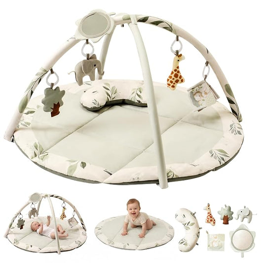 Baby Play Gym & Mat, Tummy Time Mat for Babies 0-12 Months, Green | Machine-Washable Foldable Activity Mat with 5 Detachable Toys; Certified Safe Newborn Essentials Gift for Baby Registry