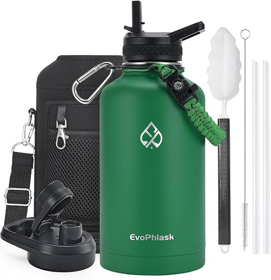 Insulated Water Bottle 64 oz with Carrier Bag, Green | Stainless Steel, Vacuum Insulated Keep Cold 48 Hrs, Half Gallon Large Water Jug, For Travel, Sport, Gym, Hiking