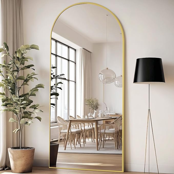 76"x34" Large Arched Floor Mirror Full Length with Stand, Gold | Vertically Wall‑Mountable, Freestanding or Wall‑Leaning, for Bedroom Living Room Gym, Tempered Glass, Aluminum Alloy Frame