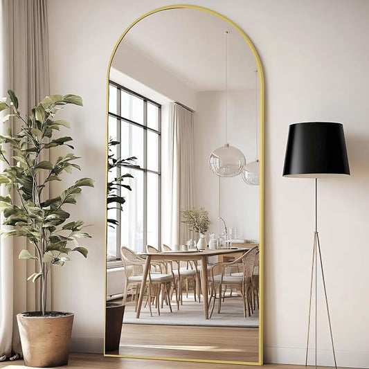 76"x34" Large Arched Floor Mirror Full Length with Stand, Gold | Vertically Wall‑Mountable, Freestanding or Wall‑Leaning, for Bedroom Living Room Gym, Tempered Glass, Aluminum Alloy Frame