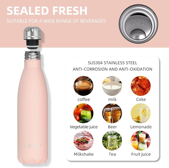 WATERSY Stainless Steel water bottles,17oz/500ml Insulated Water Bottle | Pink metal water bottle Keeps Drink Cold and Hot,BPA Free kids water bottles for School,Gym,Travel,Sports