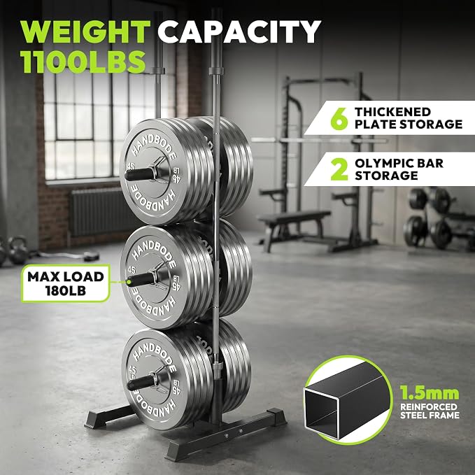 HANDBODE Weight Plate Rack with Barbell Storage, 1100 lbs Capacity | 6-Peg Vertical Holder for 1- or 2-Inch Plates, Heavy-Duty Organizer for Home Gym