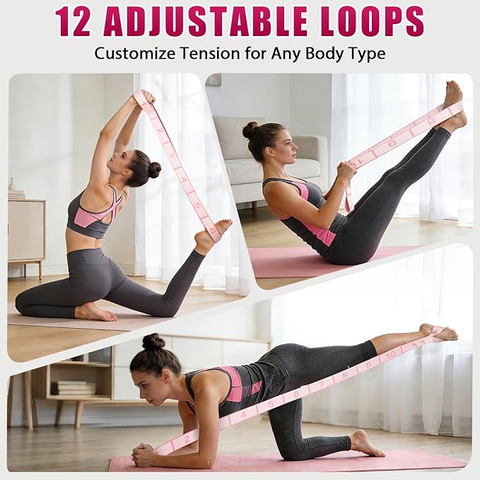 KUZARO Fitness Resistance Bands with 12 Loops, Numbered Resistance Bands for Physical Therapy, Women Stretch Strap for Home Gym, Elastic Exercise Bands for Yoga, Pilates, Leg Stretching, Dance
