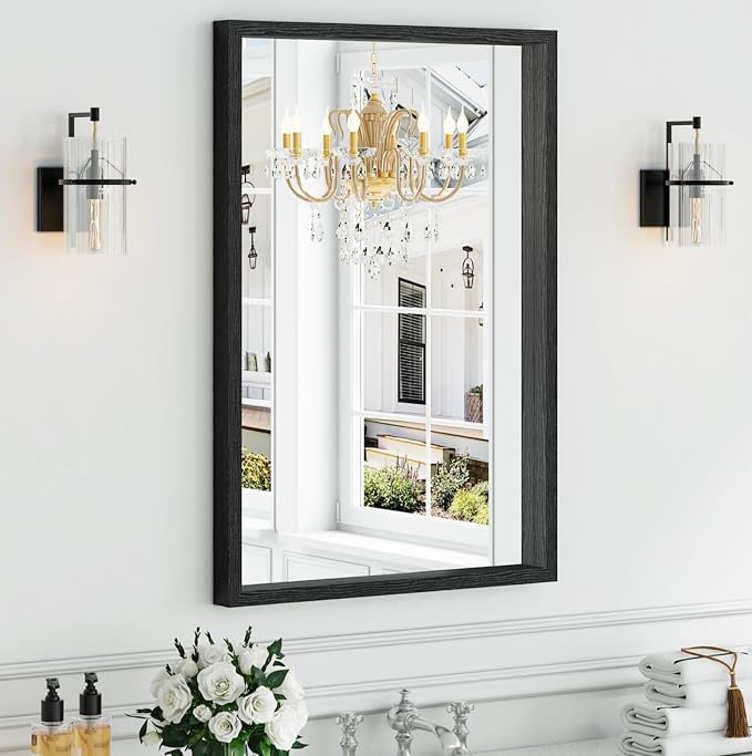 Syndra Black Wood Frame Bathroom Mirror, 24''x36'' Modern Vanity Mirror for Wall, Waterproof Slim Deep Frame, Rectangular HD Tempered Glass Mirror for Living Room, Bedroom, Entryway, Rustic, Farmhouse