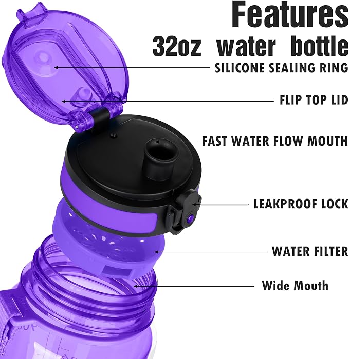 OLDLEY Water Bottle, 32oz Motivational Sports Water Bottle with Time Marker - Times to Drink - Tritan, BPA Free, Wide Mouth Leakproof,Deep Purple
