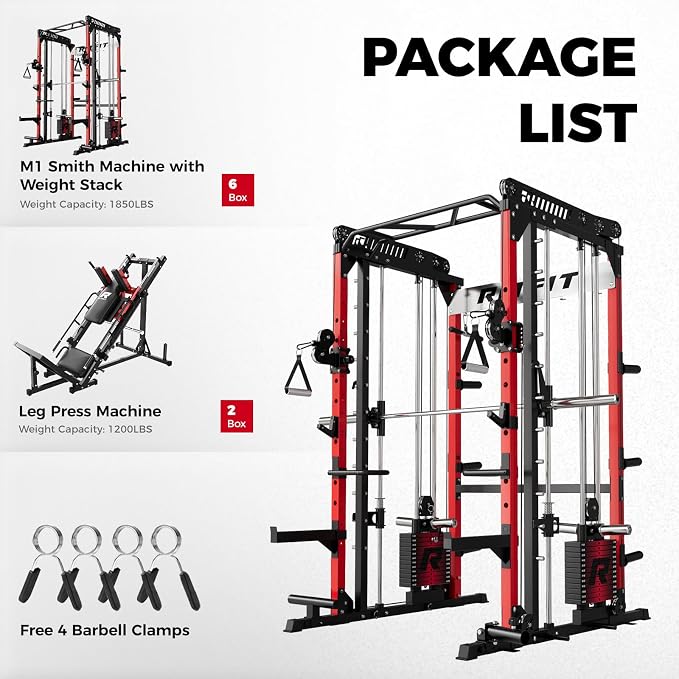 RitFit M1 Pro Smith Machine with Weight Stack Package Power Cage Home Gym | Dual Cables, Barbell & Handles, Cable Crossover, ALL-in-1 Home Gym, 1850LBS Capacity