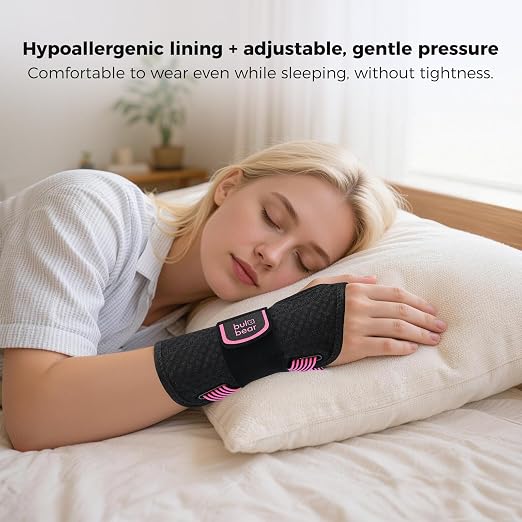Carpal Tunnel Wrist Brace with Removable Splints, Breathable Wrist Support for Men & Women, Night & Work Support, Pain Relief, Tendonitis, Sprain, Rigid Hand Brace for Arthritis, Left Hand (S/M, Black/Pink)
