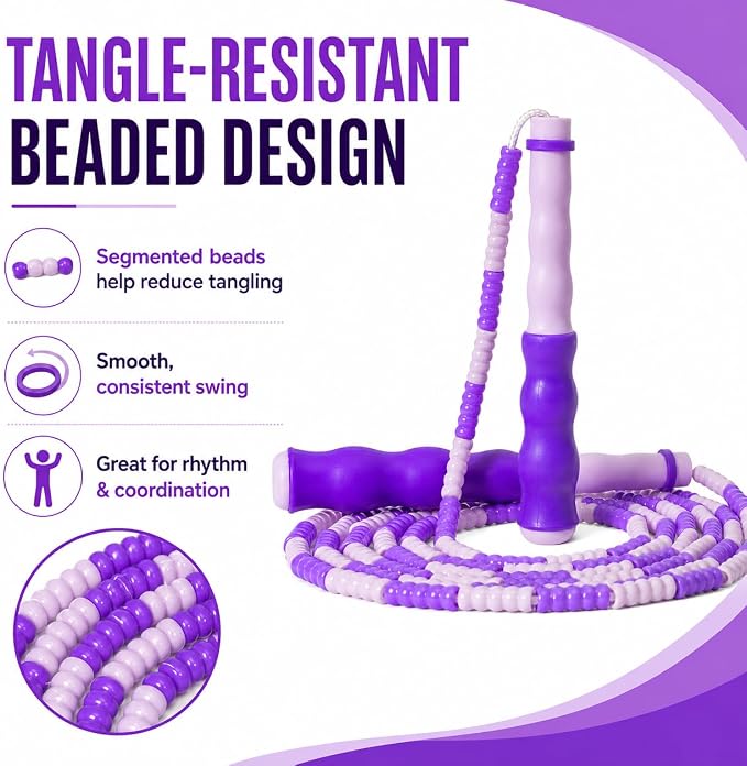 Jump Rope for Kids, Beaded Jumping Rope for 8-12, 9Ft Adjustable Skipping Rope with Soft Beaded, Tangle-Free Jumprope for Girls Boys, Students Outdoor Fitness Exercise