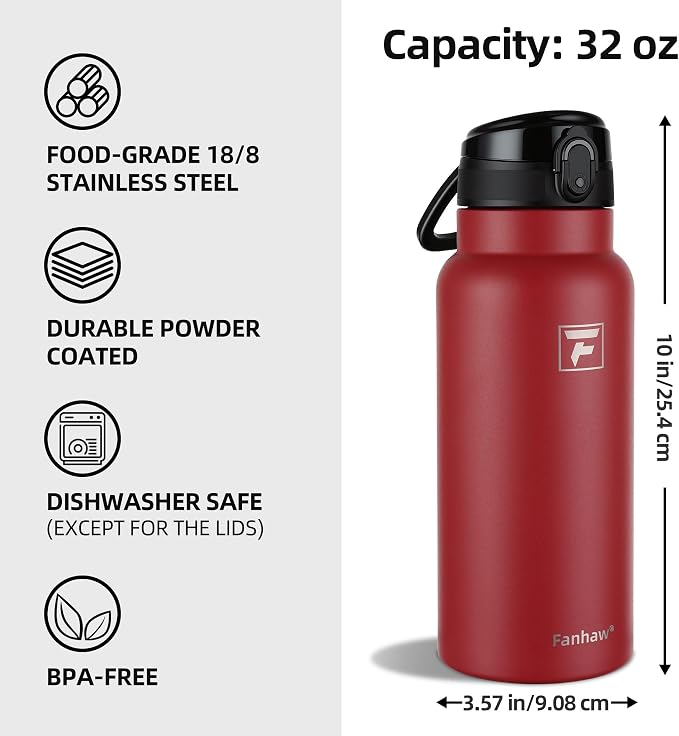 Fanhaw 32 Oz Insulated Stainless Steel Water Bottle with Chug Lid – Wide Mouth, Leak-Proof, BPA-Free – Ideal for Kids, Adults, Sports, Gym, and Outdoor Use (Red)