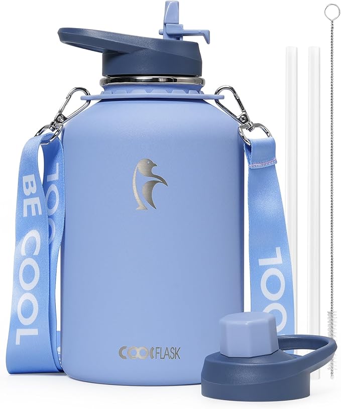 Coolflask Half Gallon Water Bottle Insulated Stainless Steel with Strap | 64 oz Large Water Jug with Straw & Spout Lids,Triple-Wall, Cold 48+h,Dishwasher Safe, Leakproof, BPA-Free,for Gym & Hiking