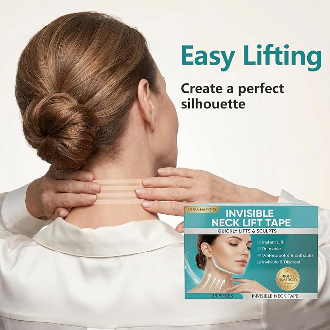 Neck Lift Tape, 28 PCS Invisible Neck Tape Lifting for Double Chin | Sagging Skin, Waterproof High Elastic Face Lift Straps for Women