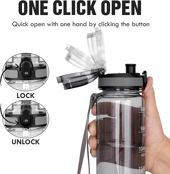 OLDLEY Water Bottle, 32oz Motivational Sports Water Bottle with Time Marker - Times to Drink - Tritan, BPA Free, Wide Mouth Leakproof,Smoke Grey