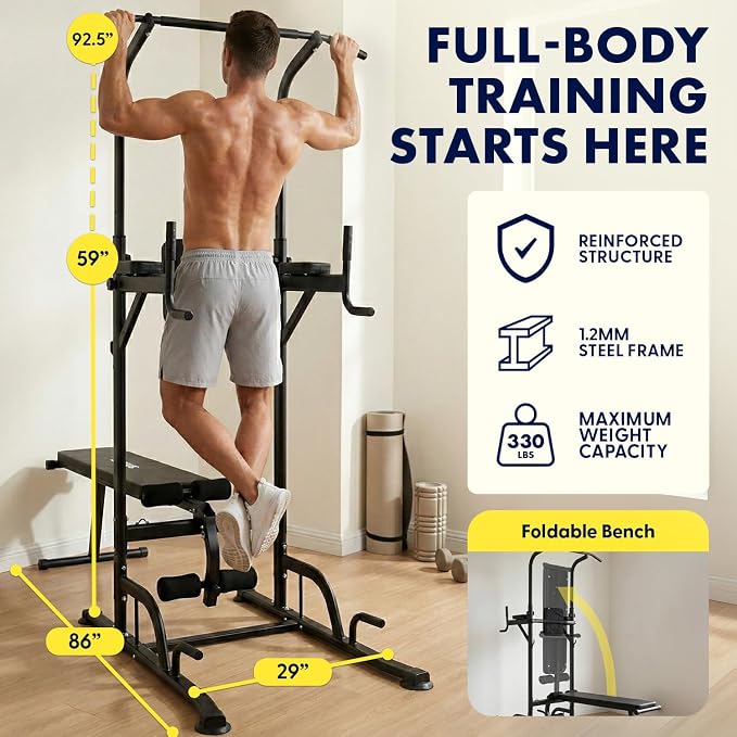 Pull-Up Dip Station - Your All-in-One Power Tower Gym and Chin-Up Bar Stand with Collapsible Bench for Home Exercise and Bench Press