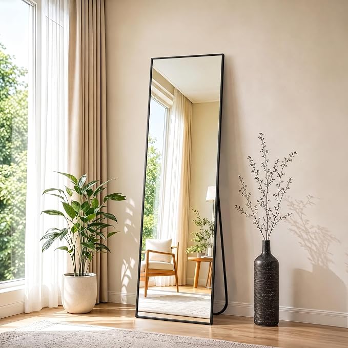 NEWBULIG 56"x15" Full Length Mirror, Full Body Standing Mirror, Black | Leaning or Standing, Tempered Glass, Aluminum Alloy Thin Frame Floor Stand for Bedroom, Cloakroom