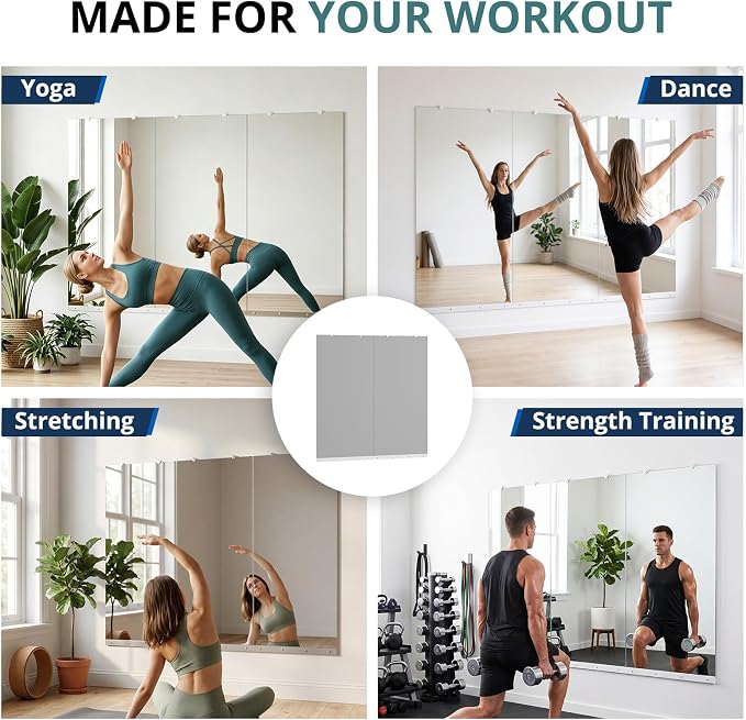 Rovibek 3 Pack Home Gym Mirror, 24x48In Large Workout Mirror for Exercise | Frameless Tempered Glass, Wall-Mounted Gym Mirrors for Home Gym, Garage Gyms, Yoga Rooms and Dance Studios