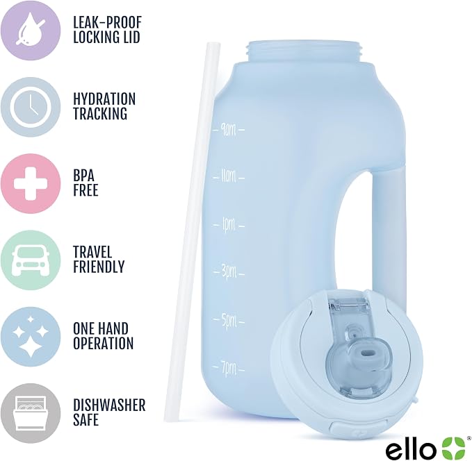 Ello Hydra 64oz Half Gallon Water Jug with Handle and Motivational Time Markers for All Day Hydration, Plastic Reusable Water Bottle with Straw and Locking, Leak Proof Lid, BPA Free, Halogen Blue | Large plastic water bottle jug for all day hydration w...