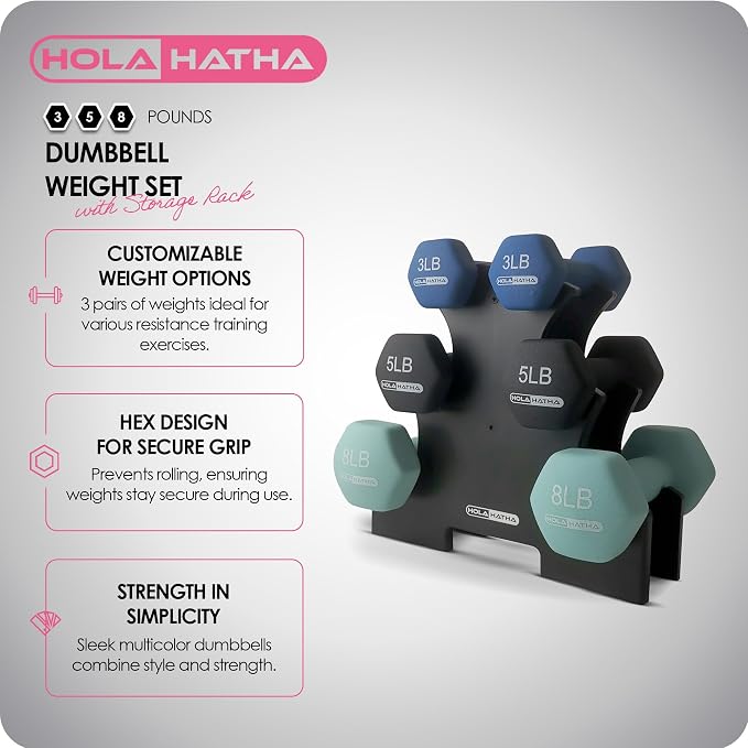 HolaHatha 1, 2 and 3 lb Neoprene Dumbbell Strength Training Weight Set with Rack