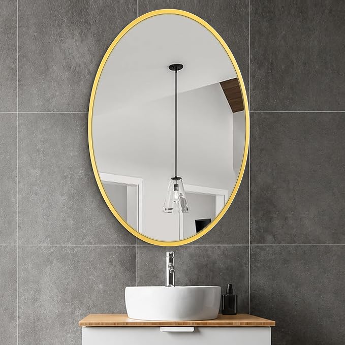 Oval Bathroom Vanity Mirror for Wall, 38''x26'' Gold Oval Bathroom Mirror for Over Sink, Bedroom, Living Room, Entryway, HD Tempered Glass, Wall Mounted Horizontally or Vertically