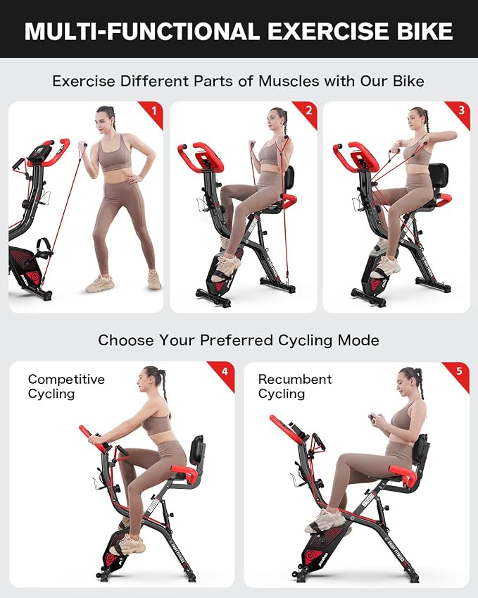 pooboo Folding Exercise Bike, Foldable Upright Stationary Bike, Indoor Cycling Magnetic X-Bike with 8-Level Adjustable Resistance, 6.6 LBS Flywheel, 300LB Capacity, Back Support Cushion for Home Gym