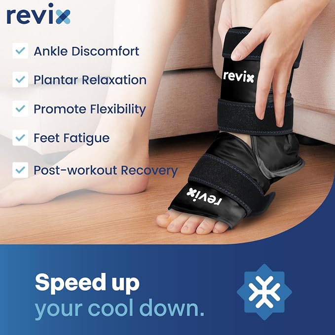 REVIX Ankle Ice Pack Wrap, Gel Ice Pack with Cold Compression, Black | Reusable Cold Wrap Covers Foot, Ankle & Heel for Plantar Fasciitis Discomfort and Swelling, 3 Adjustable Straps
