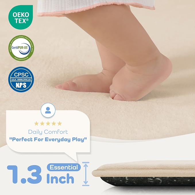 39x59 Baby Floor Play Mat, 1.3" Thick Padded Foam Play Mat, Beige | Memory Mat for Baby to Play on Floor Waterproof Easy Care with Non-Slip Tummy Time Play Mat for Nursery Playroom Classroom